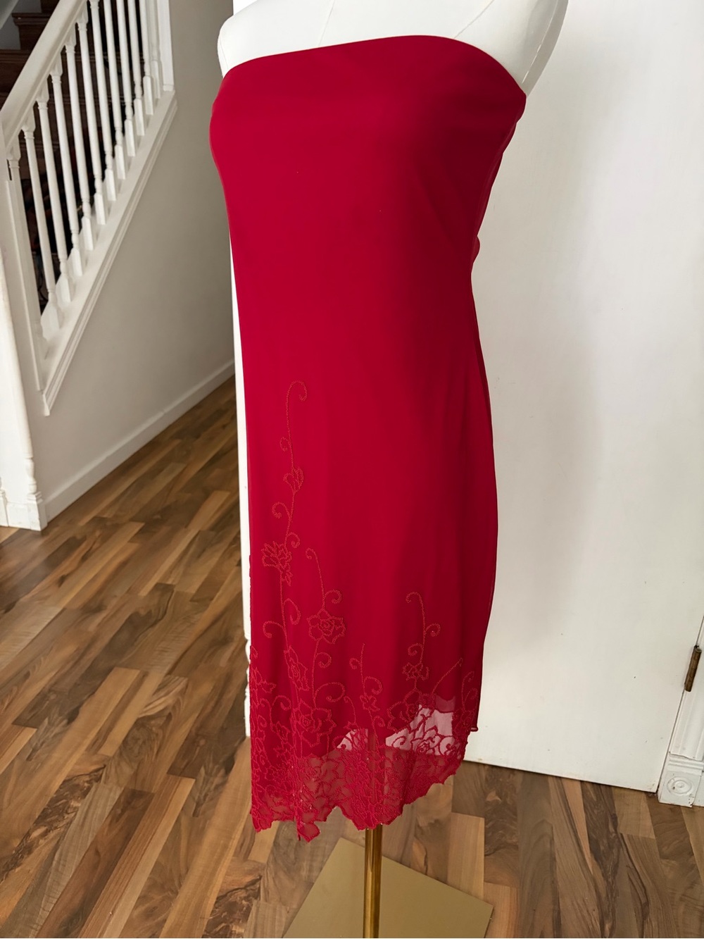 Strapless Cherry Red Asymmetrical Hem Midi Dress, Beaded / Glitz Floral, Medium